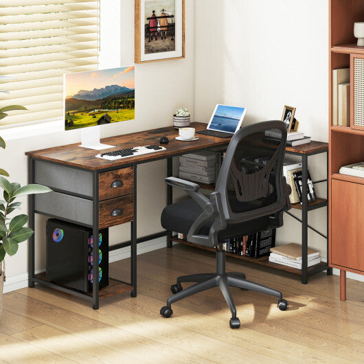 L Shaped Desk with Charging Station Corner Computer Desk with 2 Fabric Drawers-Rustic Brown W2B