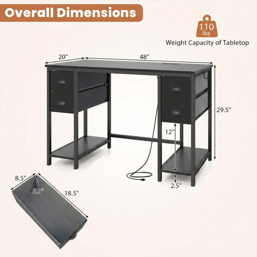 48 Inches Computer Desk with Power Outlet Home Office Desk with 4 Fabric Drawers-Brown W2B