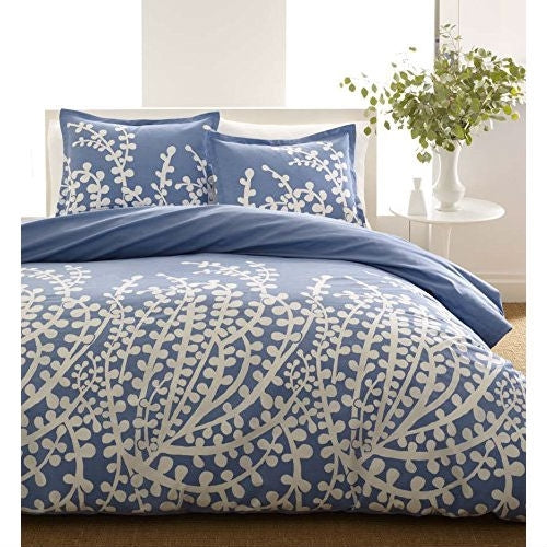 Full / Queen 100-Percent Cotton 3-Piece Comforter Set with Blue White Floral Branch Pattern W2B