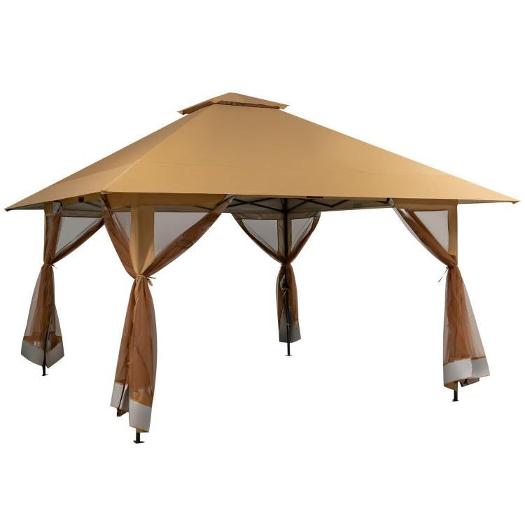 Brown 13 x 13 Ft Pop-Up Gazebo Outdoor Canopy w/ Mesh Mosquito Netting Sidewalls FastFurnishings