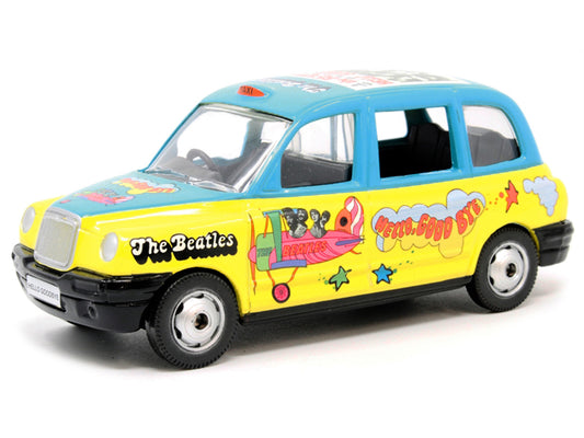 The Beatles London Taxi RHD (Right Hand Drive) "Hello Goodbye" Blue and Yellow with Graphics Diecast Model by Corgi-1