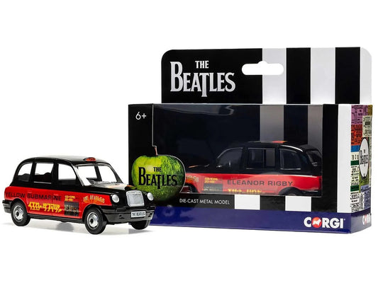 The Beatles London Taxi RHD (Right Hand Drive) "Eleanor Rigby - Yellow Submarine" Black and Red with Graphics Diecast Model by Corgi-1