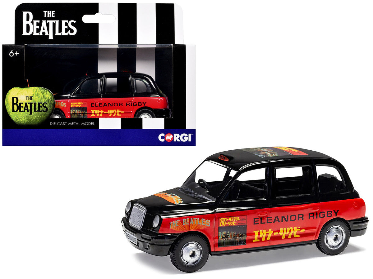 The Beatles London Taxi RHD (Right Hand Drive) "Eleanor Rigby - Yellow Submarine" Black and Red with Graphics Diecast Model by Corgi-2
