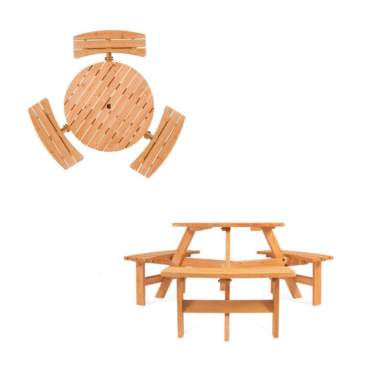 Outdoor Round Wood Picnic Table Bench Set with Umbrella Hole - Seats 6-1