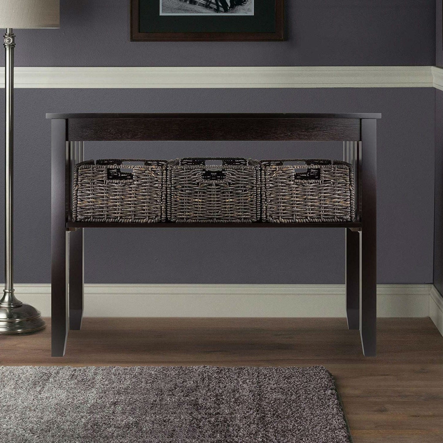 Espresso 2 Tier Entryway Hall Console Table with 3 Storage Baskets FastFurnishings