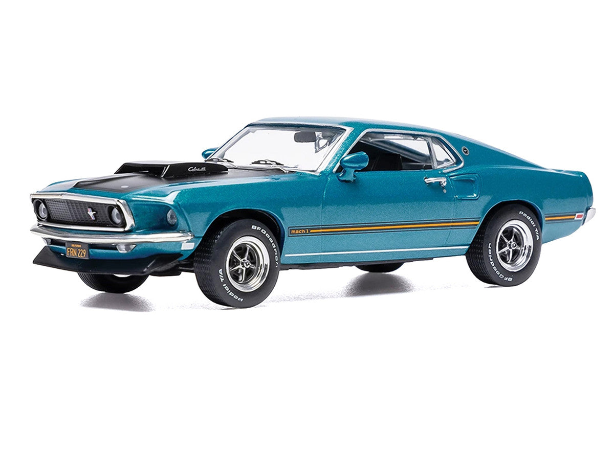 1969 Ford Mustang Mach 1 Blue Metallic with Matt Black Hood and Yellow Stripes 1/43 Diecast Model Car by IXO Models IXO