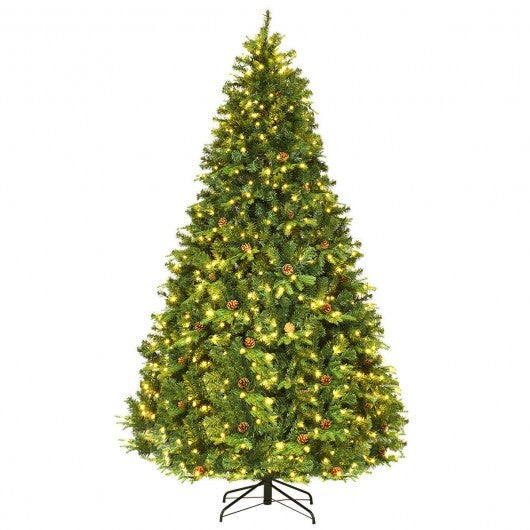 Flocked Artificial Christmas Tree with LED Lights and Pine Cones-8ft