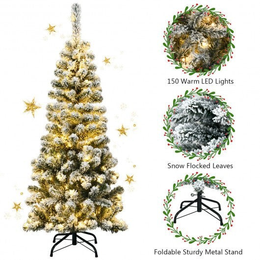 4.5 Feet Pre-Lit Snow Flocked Pencil Christmas Tree with 150 LED Light W2B
