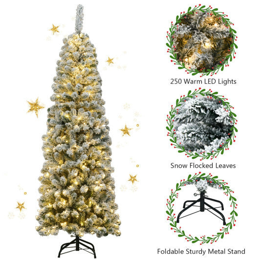 6 Feet Pre-lit Snow Flocked Artificial Pencil Christmas Tree with 250 LED Lights W2B