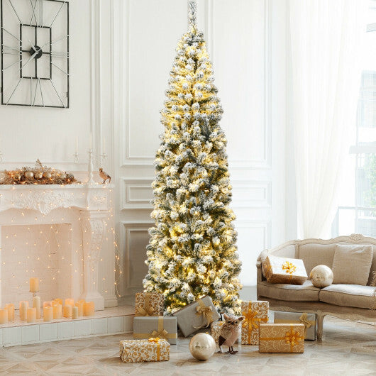 7.5 Feet Pre-lit Snow Flocked Artificial Pencil Christmas Tree with LED Lights W2B