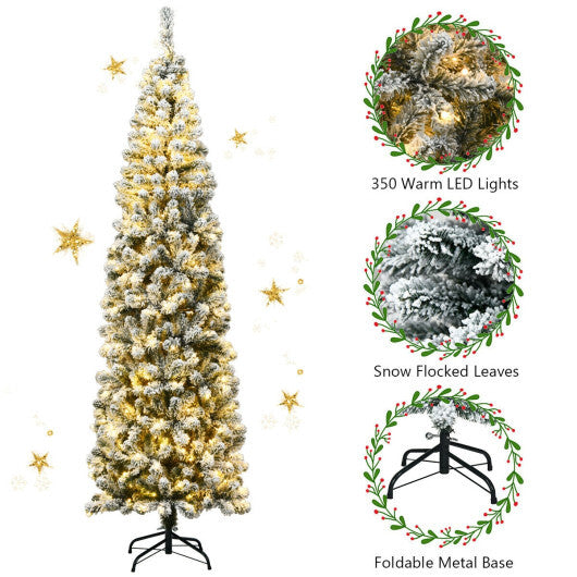 7.5 Feet Pre-lit Snow Flocked Artificial Pencil Christmas Tree with LED Lights W2B