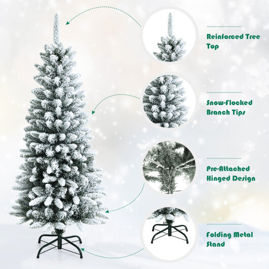 Snow-Flocked Hinged Artificial Christmas Pencil Tree with Mixed Tips-6.5 ft