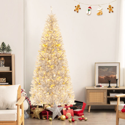 6/7 FT Pre-Lit Artificial Silver Tinsel Xmas Tree with 790 Branch Tips and 300 LED Lights-6 ft W2B