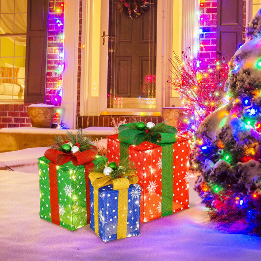 3 PCS Christmas Lighted Gift Boxes Set Decoration with 52 Pre-lit LED Lights W2B