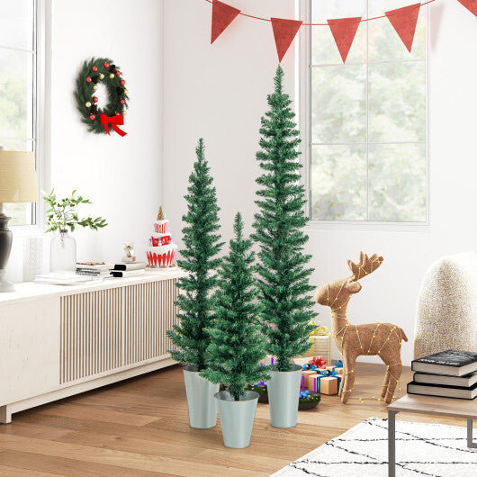 Set of 3 Potted Artificial Christmas Tree with Silver Metal Buckets W2B