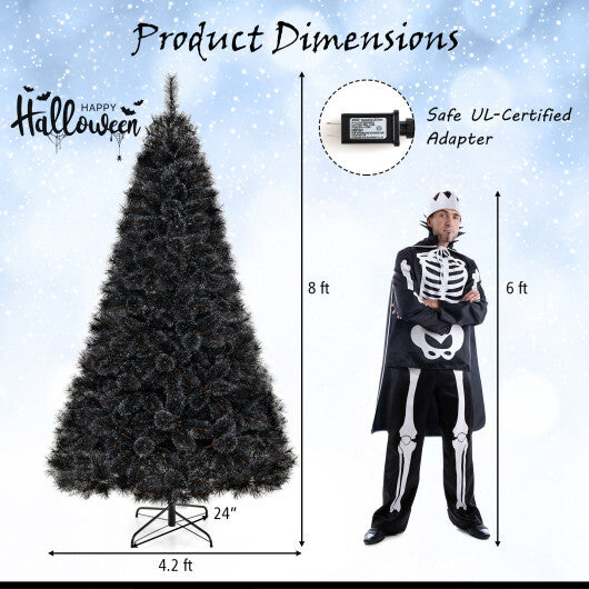 6/7/8 Feet Black Artificial Halloween Christmas Tree with PVC Branch Tips and 210/320/450 Cool White LED Lights-L W2B