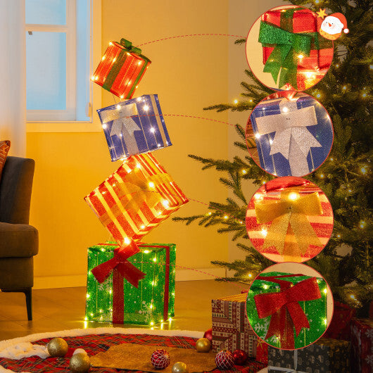 48 Inches Lighted Stacked Gift Boxes with Built-in LED Lights and Decorative Bows W2B