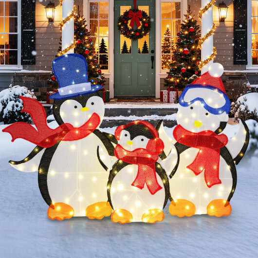 3-Piece 2D Lighted Penguin Family Christmas Decoration with 160 LED Lights W2B