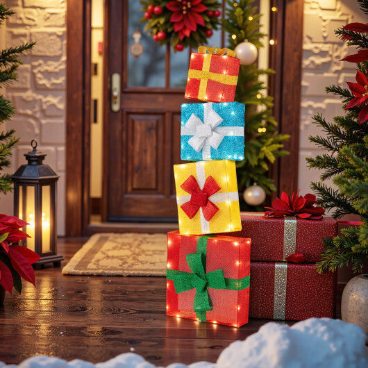 Lighted Gift Boxes Christmas Decoration 2D Set of 4 Pre-Lit Stacked Xmas Gift Boxes W2B