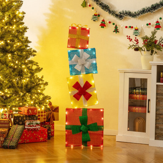 Lighted Gift Boxes Christmas Decoration 2D Set of 4 Pre-Lit Stacked Xmas Gift Boxes W2B