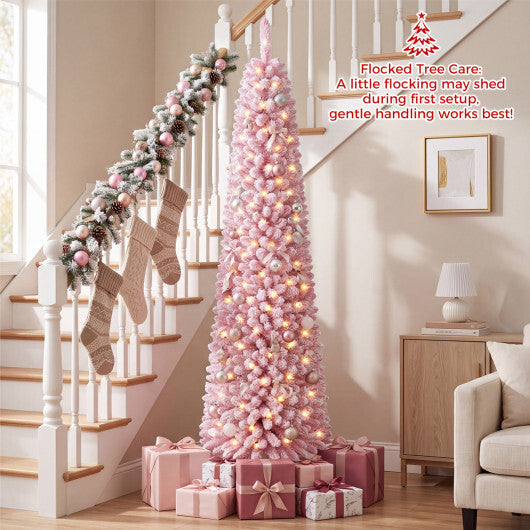 Flocked Pencil Christmas Tree with 8 Modes Pre-Lit Artificial Fir Xmas Tree-7 FT W2B