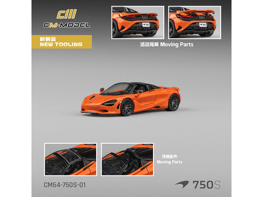McLaren 750S Spider Orange with Black Accents 1/64 Diecast Model Car by CM Models CM Models