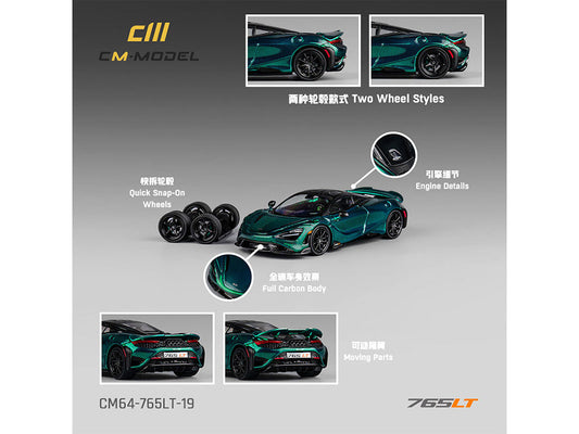 McLaren 765LT Green Carbon Metallic with Black Top and Extra Wheels 1/64 Diecast Model Car by CM Model CM Models