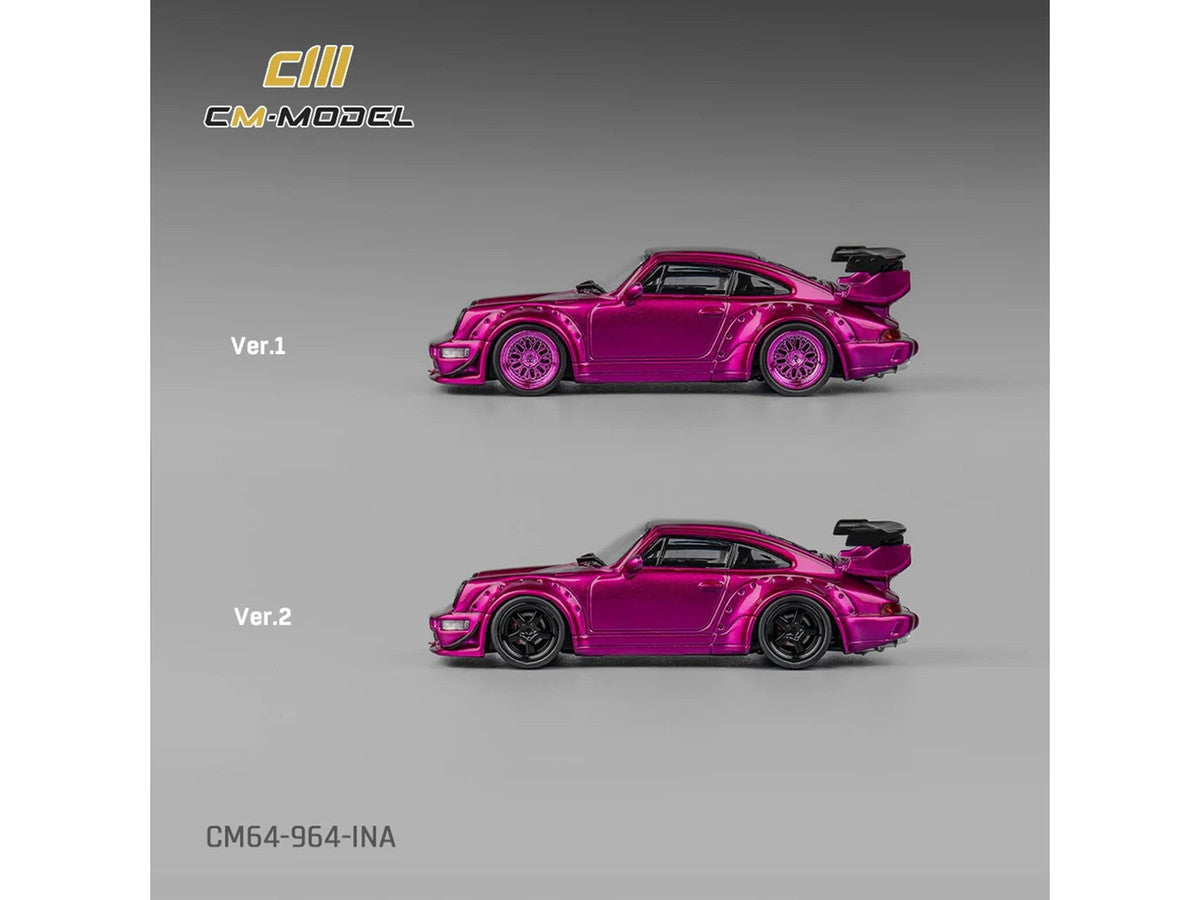 Porsche 964 Widebody Hot Pink Metallic with Extra Wheels and Wing 1/64 Diecast Model Car by CM Model CM Models