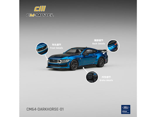 Ford Mustang Dark Horse Blue Metallic with Matt Black Hood and Black Top 1/64 Diecast Model Car by CM Models CM Models