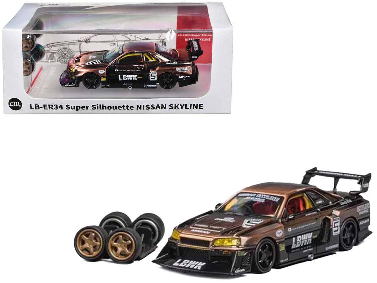 Nissan Skyline LB-ER34 "Super Silhouette" RHD (Right Hand Drive) #5 Brushed Bronze and Black with Extra Wheels 1/64 Diecast Model Car by CM Model CM Models