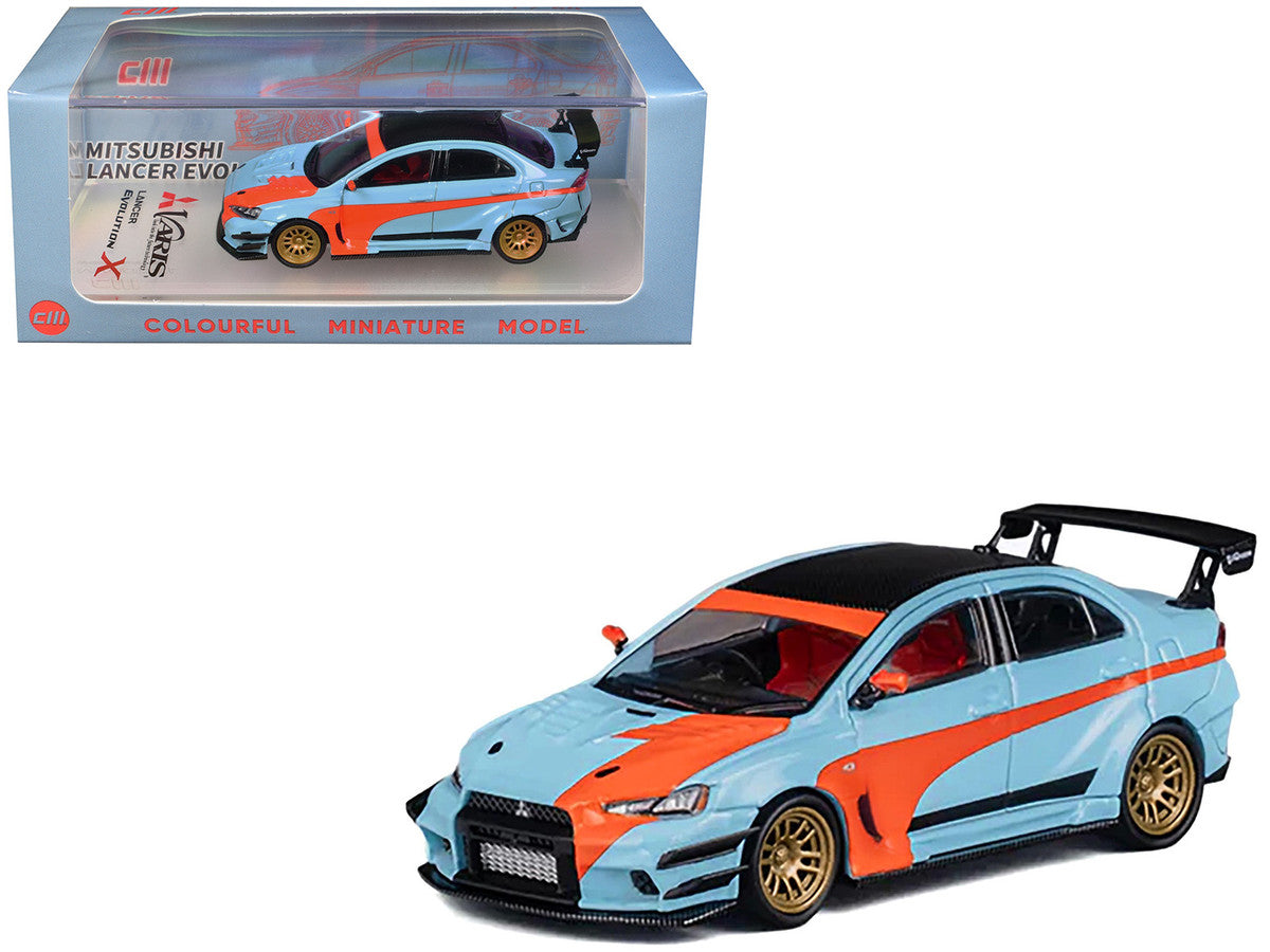 Mitsubishi Lancer Evolution X Varis RHD (Right Hand Drive) Light Blue with Black Top and Orange Stripes 1/64 Diecast Model Car by CM Model CM Models