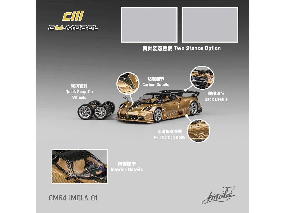 Pagani Imola Gold Carbon Metallic with Black Carbon Top with Extra Wheels 1/64 Diecast Model Car by CM Model CM Models