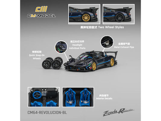 Pagani Zonda Revolucion Dark Blue Metallic and Carbon with Extra Wheels 1/64 Diecast Model Car by CM Model CM Models