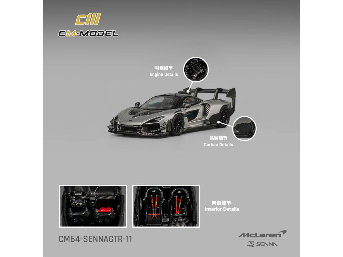 McLaren Senna GTR Silver Gray Metallic with Carbon Hood and Black Top 1/64 Diecast Model Car by CM Model-4