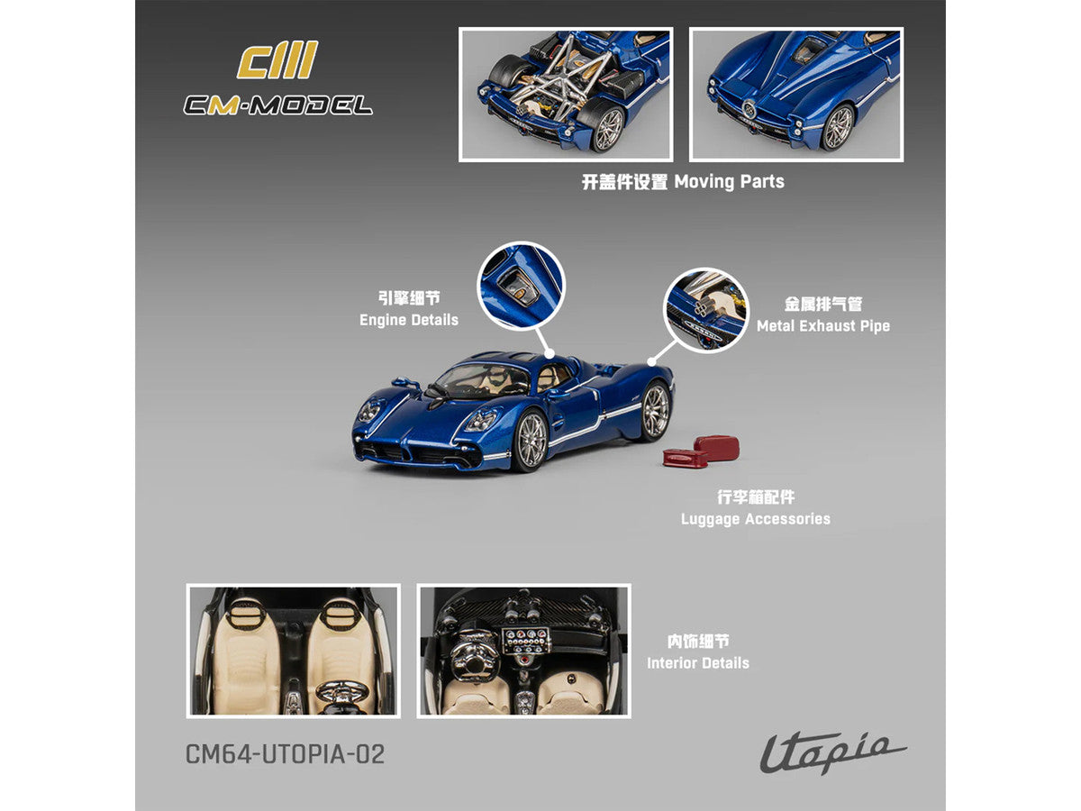 Pagani Utopia Blue Metallic with White Stripes 1/64 Diecast Model Car by CM Model-4