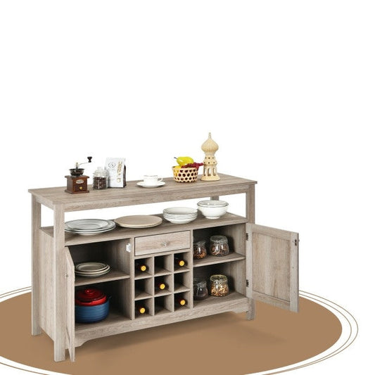 Gray Oak Buffet Server 9 Bottle Wine Cabinet Console FastFurnishings