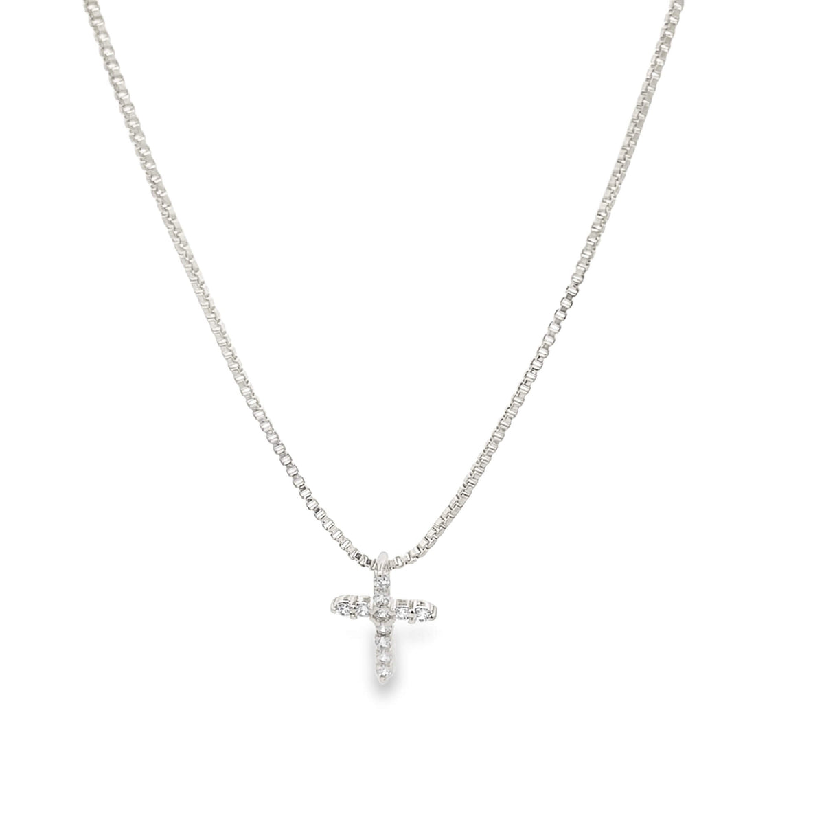 Dainty CZ Pave Cross Pendant Box Chain Necklace (F238A) Mia Jewelry