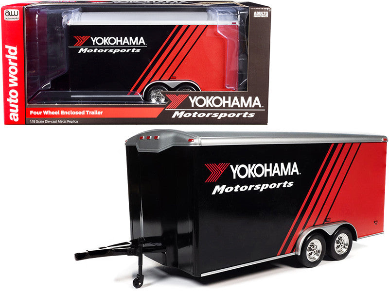 Four Wheel Enclosed Car Trailer "Yokohama Motorsports" Black and Red for 1/18 Scale Model Cars by Auto World Autoworld