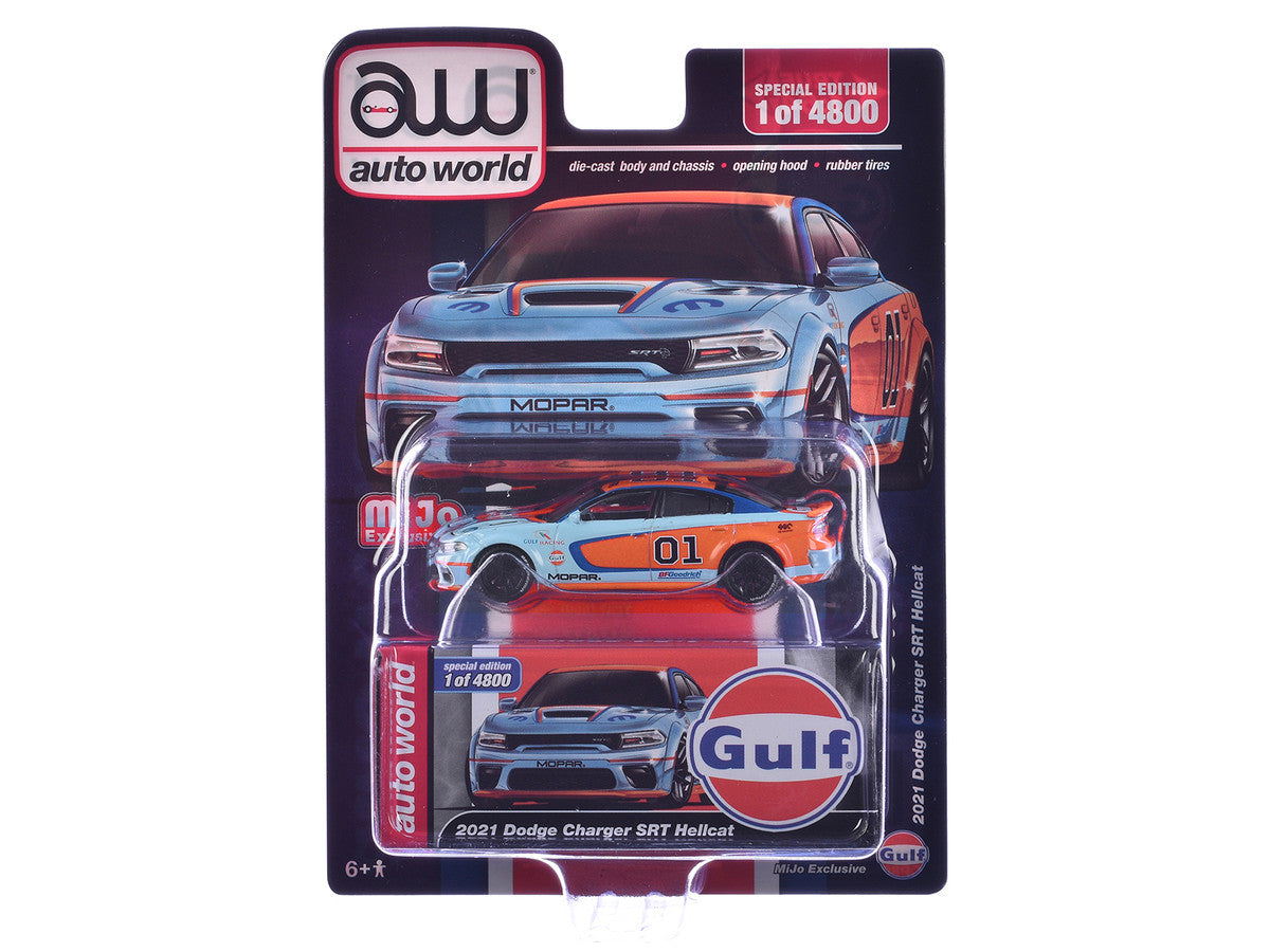 2021 Dodge Charger SRT Hellcat #01 "Gulf Oil-MOPAR" Light Blue and Orange Limited Edition to 4800 pieces Worldwide 1/64 Diecast Model Car by Auto World Autoworld
