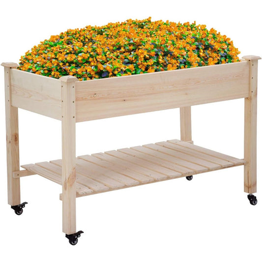 2ft x 4ft Outdoor Solid Fir Wood Raised Garden Bed Planter Box on Locking Wheels FastFurnishings