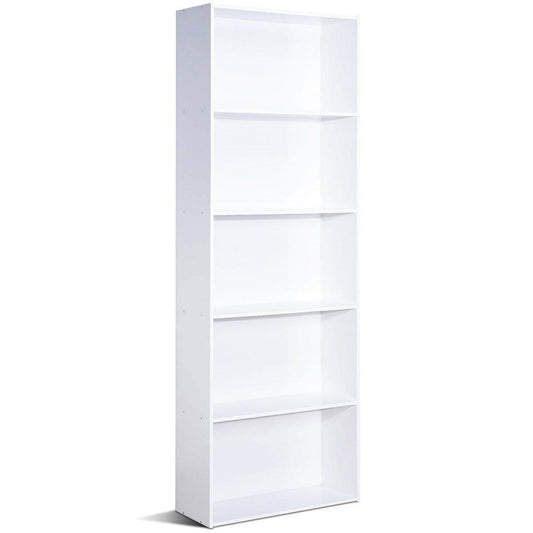 Modern 5-Tier Bookcase Storage Shelf in White Wood Finish W2B