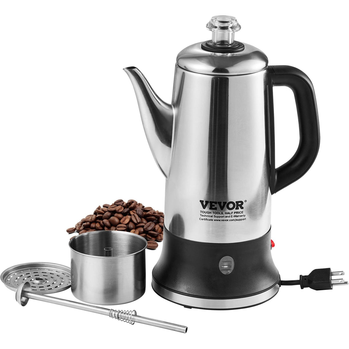 12-Cup Electric Percolator Coffee Pot, 304 Stainless Steel Coffee Percolator with Keep Warm Function & Heat-Resistant Handle, Classic Coffee Maker, Quick Brew & Easy-Pour Spout, Silver W2B