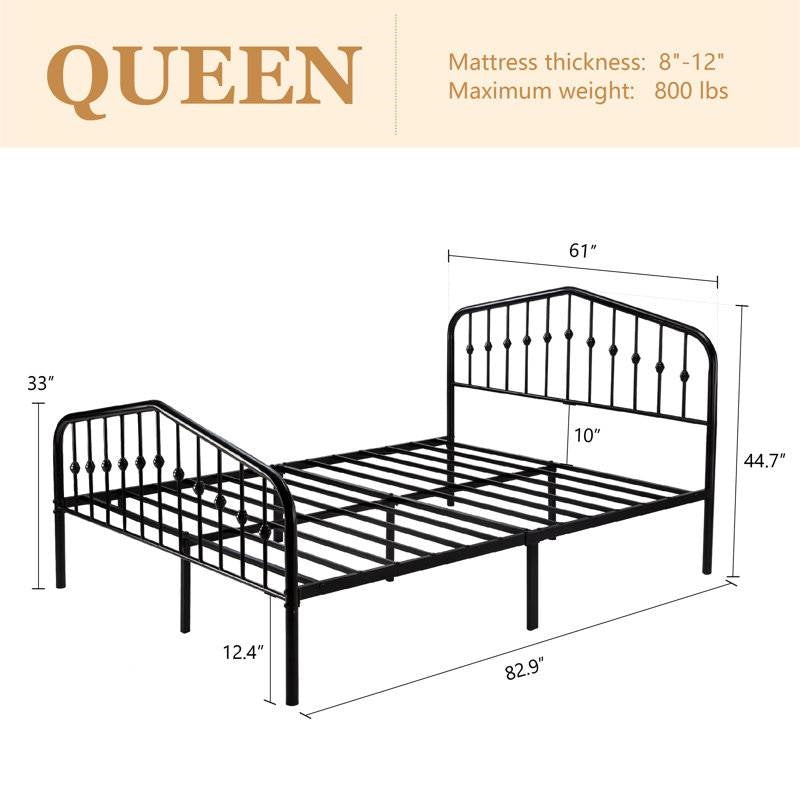 Queen Farmhouse Spindle Black Metal Platform Bed Frame with Headboard Footboard FastFurnishings