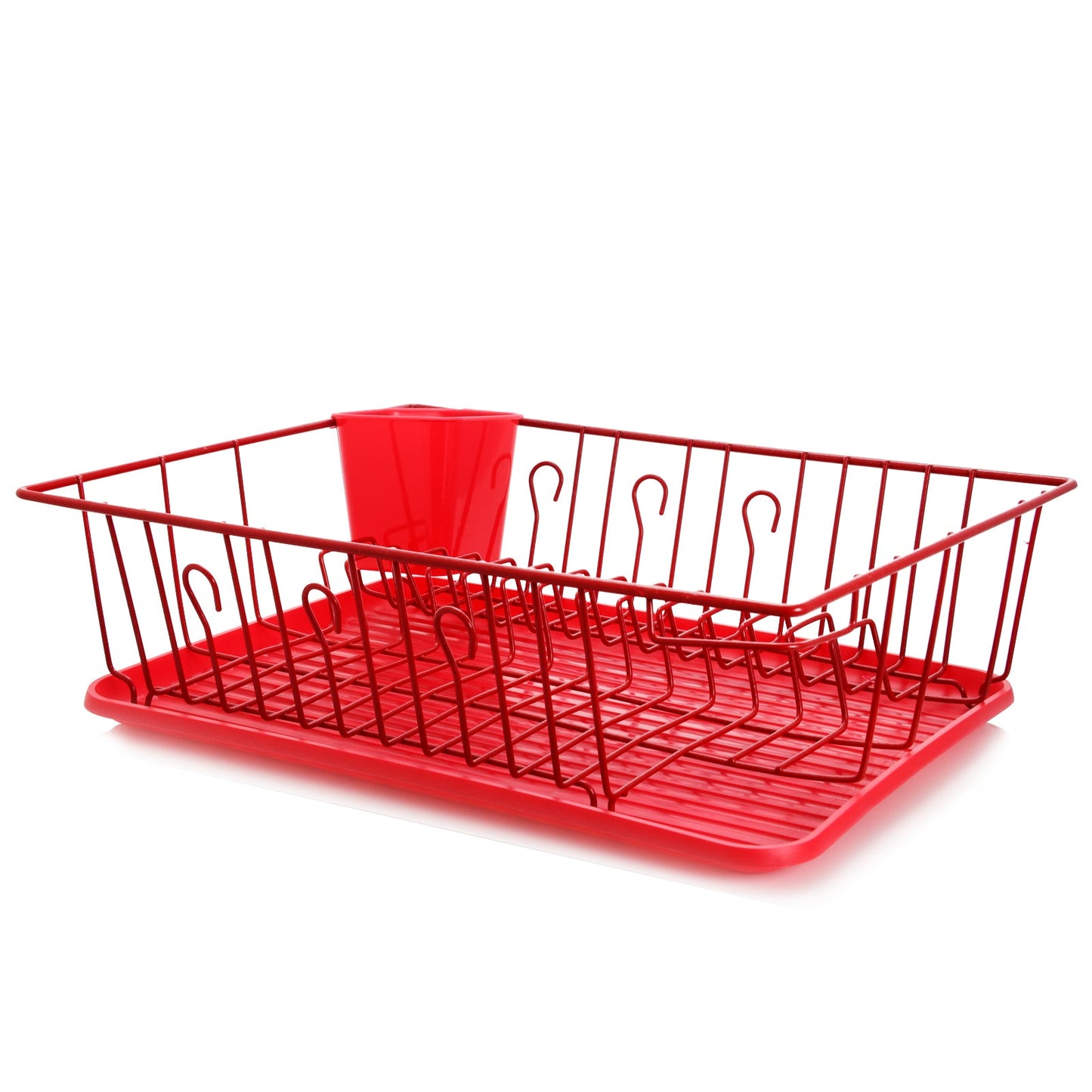 MegaChef 17.5 Inch Red Dish Rack with 14 Plate Positioners and a Detachable Utensil Holder W2B