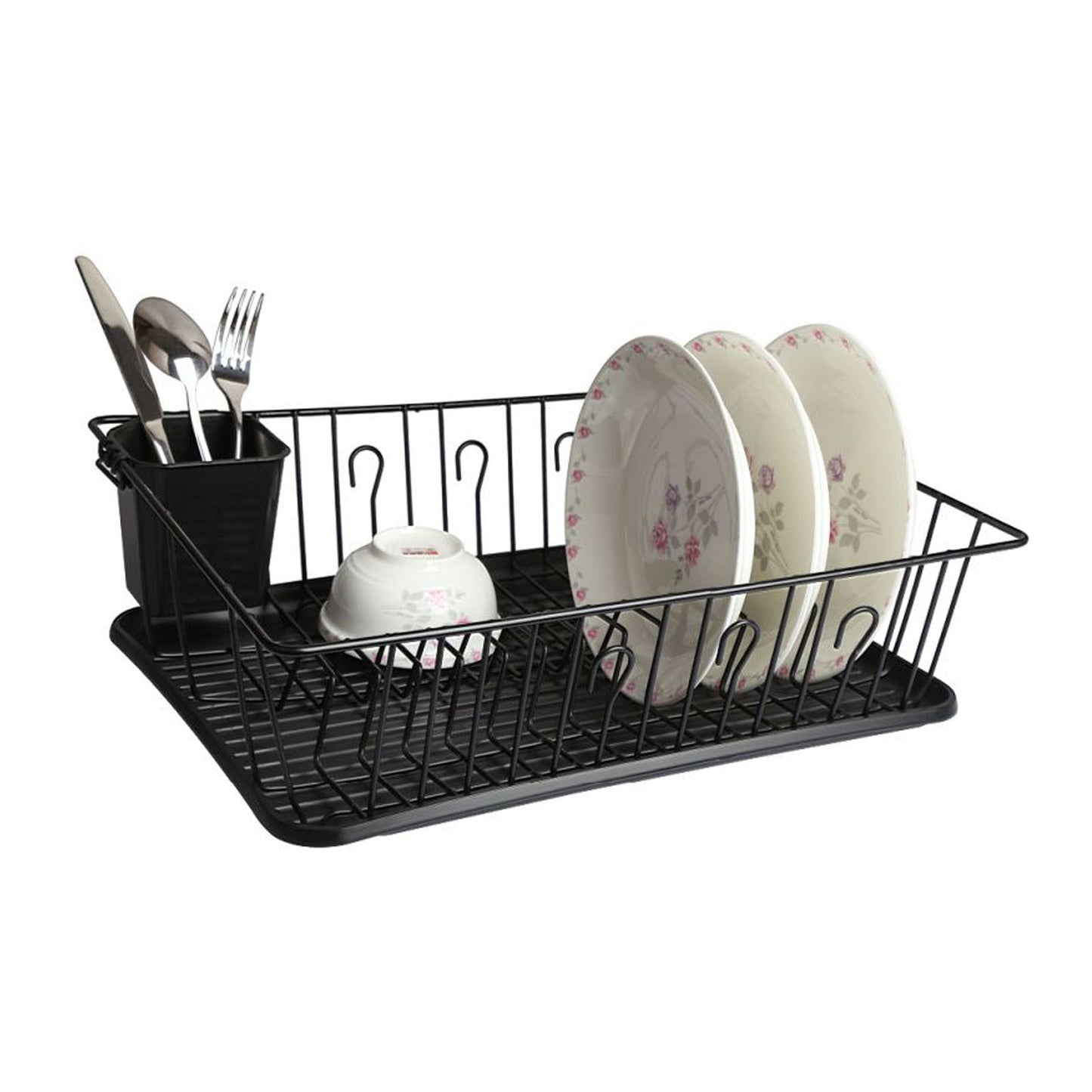 MegaChef 17.5 Inch Black Dish Rack with 14 Plate Positioners and a Detachable Utensil Holder W2B