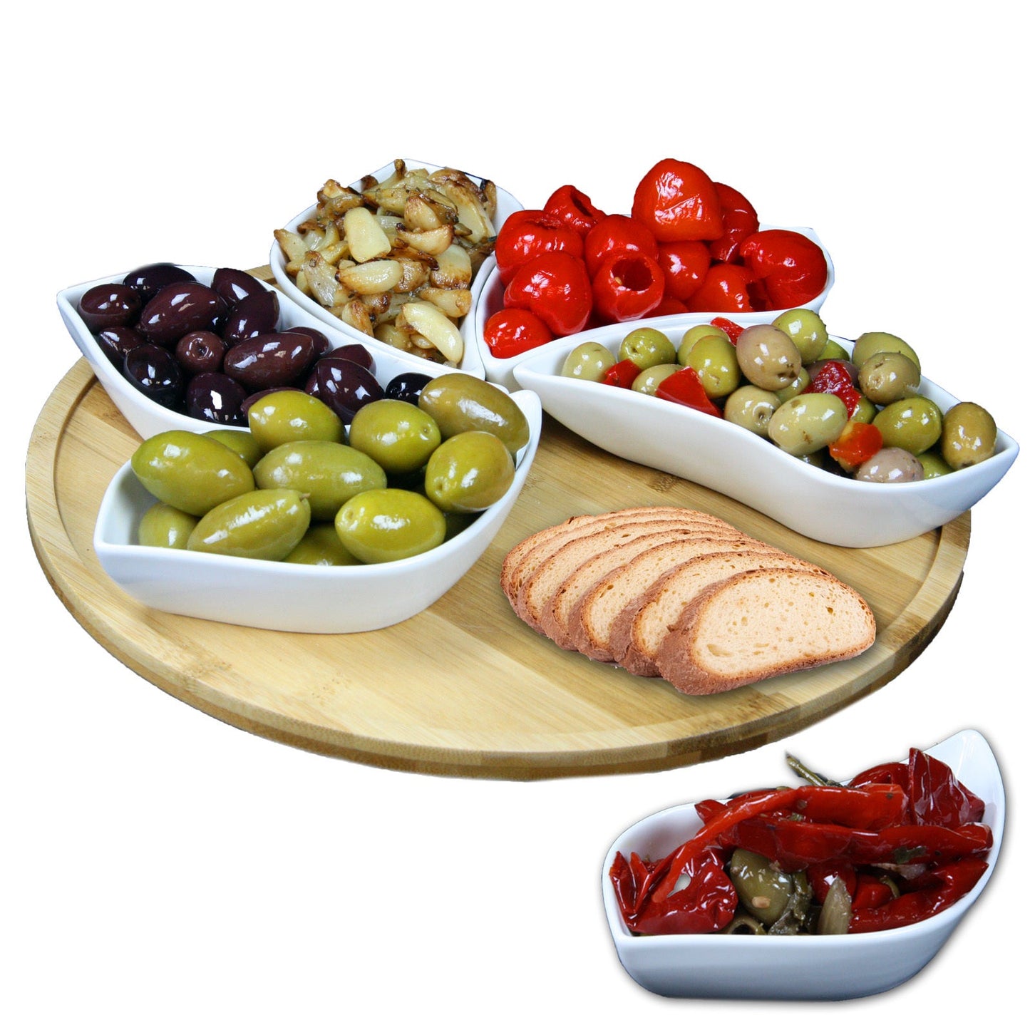 Elama Signature Modern 13.5 Inch 7pc Lazy Susan Appetizer and Condiment Server Set with 6 Unique Design Serving Dishes and a Bamboo Lazy Suzan Serving Tray W2B