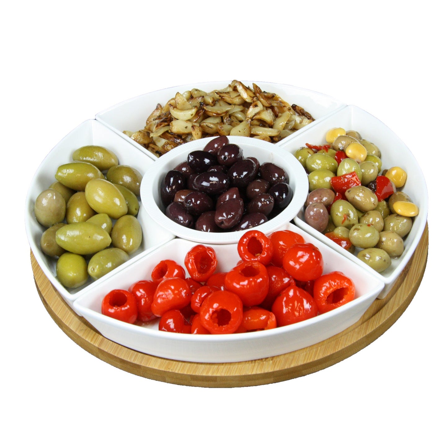 Elama Signature 12 1/4 Inch 6-Piece Lazy Susan Appetizer and Condiment Server Set with 5 Serving Dishes and a Bamboo Lazy Suzan Serving Tray W2B