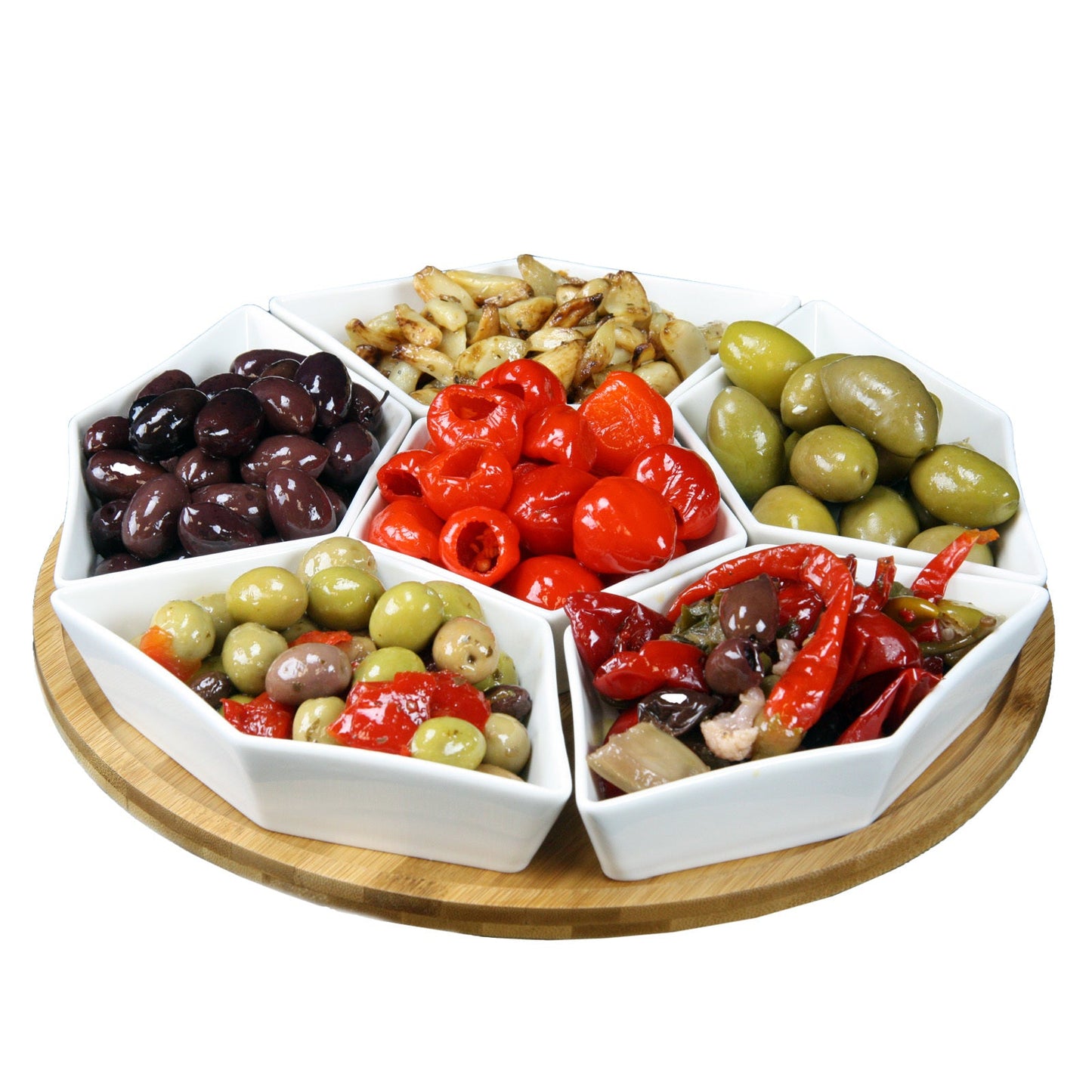 Elama Signature 12 Inch 7-Piece Condiment Server Set with a Bamboo Lazy Suzan Serving Tray W2B