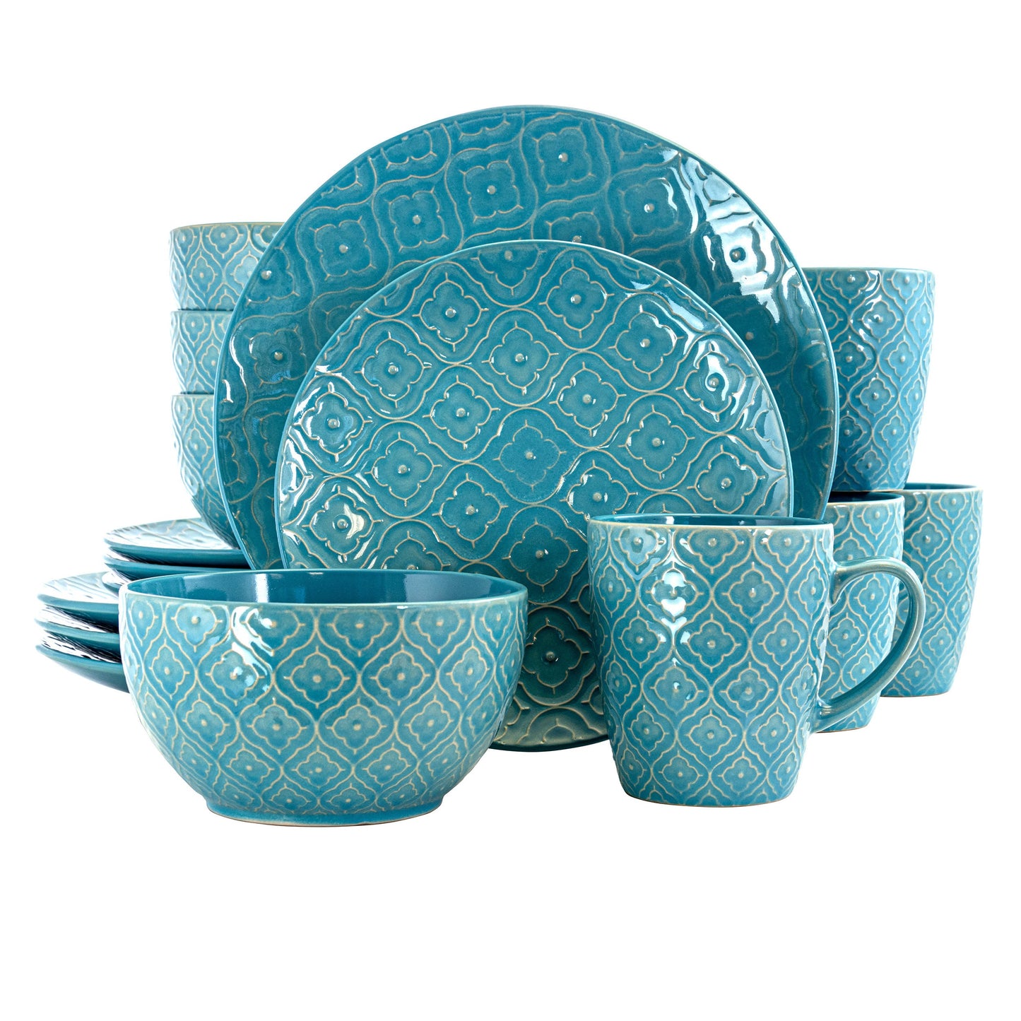 Elama Aqua Lily 16 Piece Luxurious Stoneware Dinnerware with Complete Setting for 4 W2B
