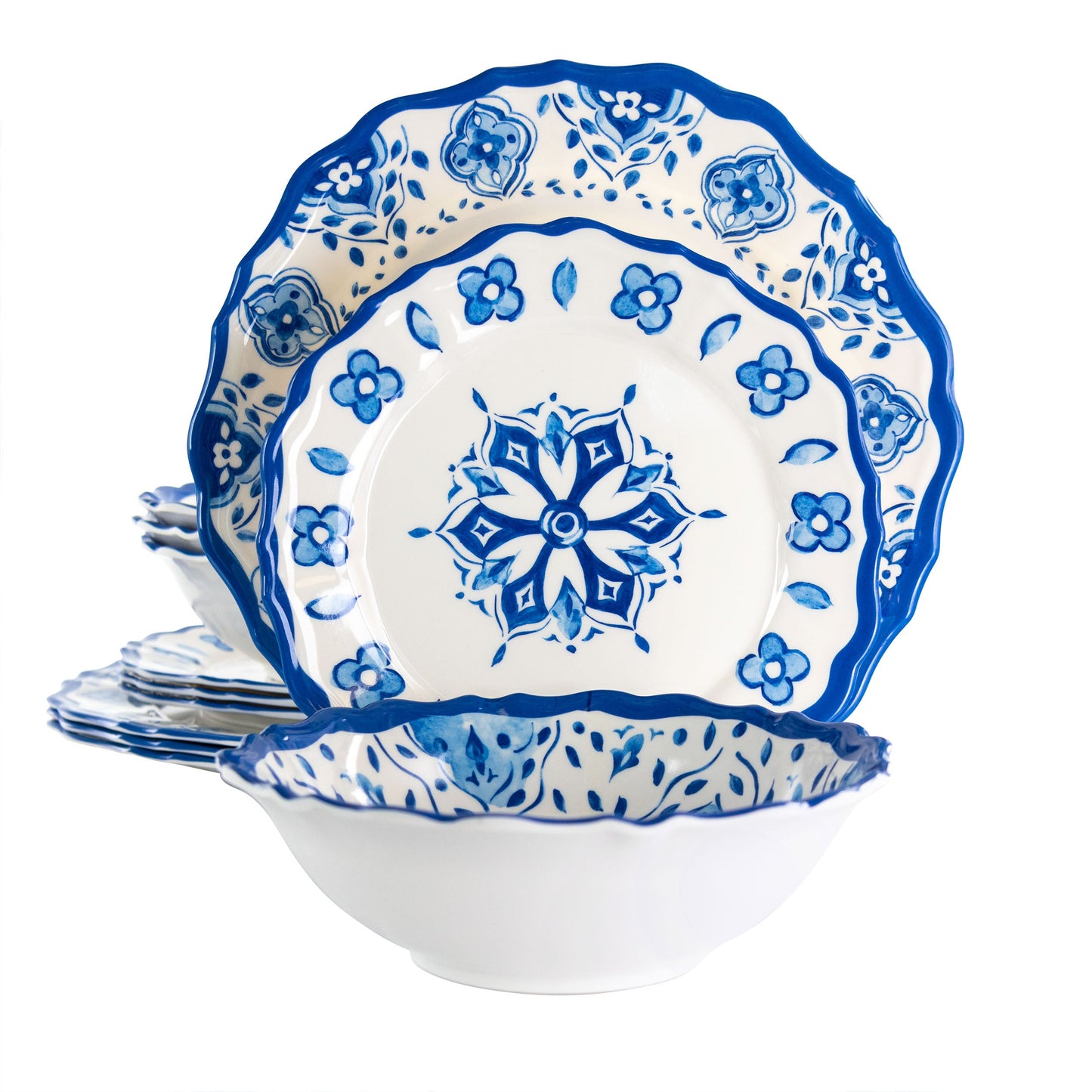 Elama Blue Garden 12 Piece Scalloped Lightweight Melamine Dinnerware Set in Blue W2B